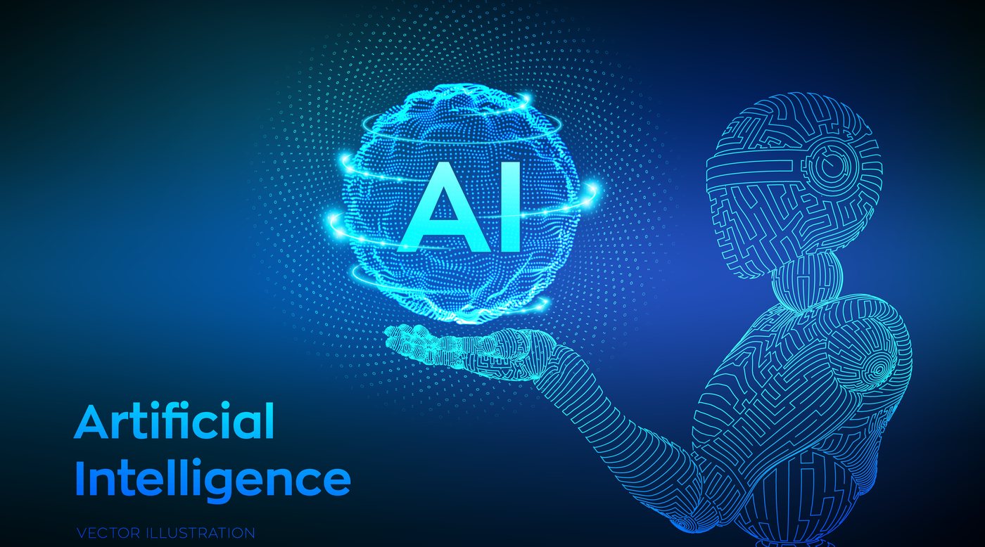 A glowing AI symbol held in one hand