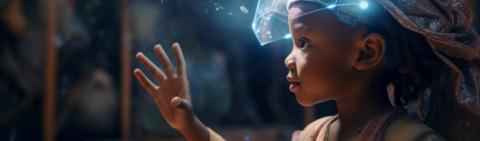 A child reaching towards a glowing interface