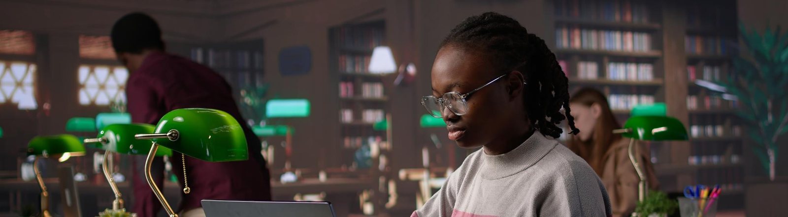 Students studying together in a library